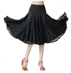 Women black lace ballroom latin dance skirts modern dance salsa rumba chacha tango waltz tango dance middle long skirts for female